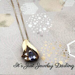 10K Gold Womens Necklace Purple Tanzanite Diamond Pendant Yellow Gold Gift Idea